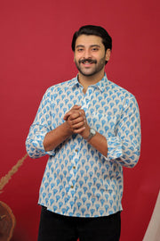 Men’s White Blue Floral Print Cotton Shirt